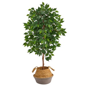 Nearly Natural 4-ft Ficus Artificial Tree in Boho Chic Handmade Cotton & Jute Gray Woven Planter - 1 of 4