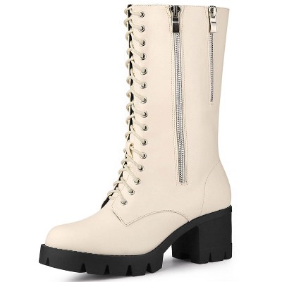 Allegra K Women's Lace Up Platform Chunky Heel Mid Calf Boots