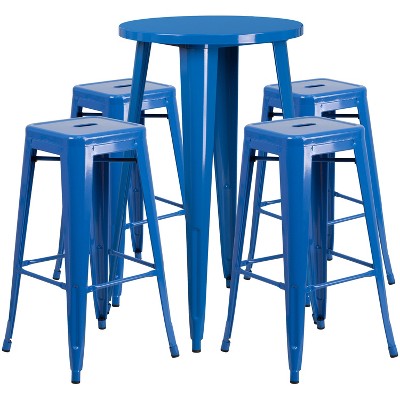 Emma and Oliver Commercial Grade 24" Round Metal Indoor-Outdoor Bar Table Set, 4 Backless Stools