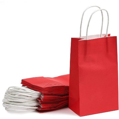 25 pcs 5"x3.15"x9" Red Kraft Paper Gift Bags, Party Favor, Shopping Bags with Handles