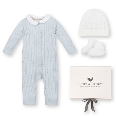 Hope & Henry Baby 4 Piece Organic Peter Pan Collar Romper, Hat, & Bootie Boxed Gift Set, Infant
