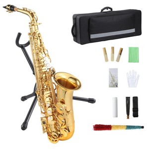 AS-100 Eb Alto Saxophone Gold Lacquer Alto Sax Full Kit With Cleaning Cloth, Gloves, Brush, Headjoint, Reed, Strap, Stand, Tube Case, Saxophone, Gold - 1 of 4