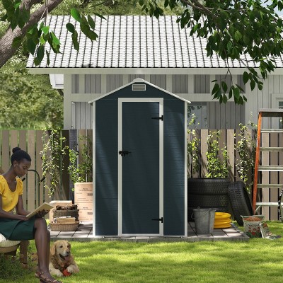 Dark Gray Resin Backyard Storage Shed with Window, Outdoor Plastic Garden Tool Shed, Weatherproof Roof Storage Shed with Large Space-Coolbibila
