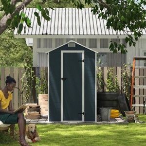 Dark Gray Resin Backyard Storage Shed with Window, Outdoor Plastic Garden Tool Shed, Weatherproof Roof Storage Shed with Large Space-Coolbibila - 1 of 4