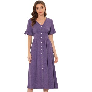 Allegra K Women's Summer V Neck Button Flutter Sleeve Smocked High Waist Midi Dress - 1 of 4