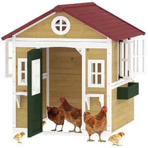 Outsunny Playhouse for Kids Outdoor, Wooden Playhouse with Doors, Windows, Planter Pots and Boxes for Toddlers 3-8 Years, Backyard, Indoor - 1 of 4
