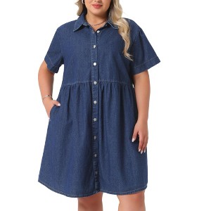 Agnes Orinda Women's Plus Size Denim Babydoll Tiered Short Sleeve Button Down Jean Shirt Dresses - 1 of 4