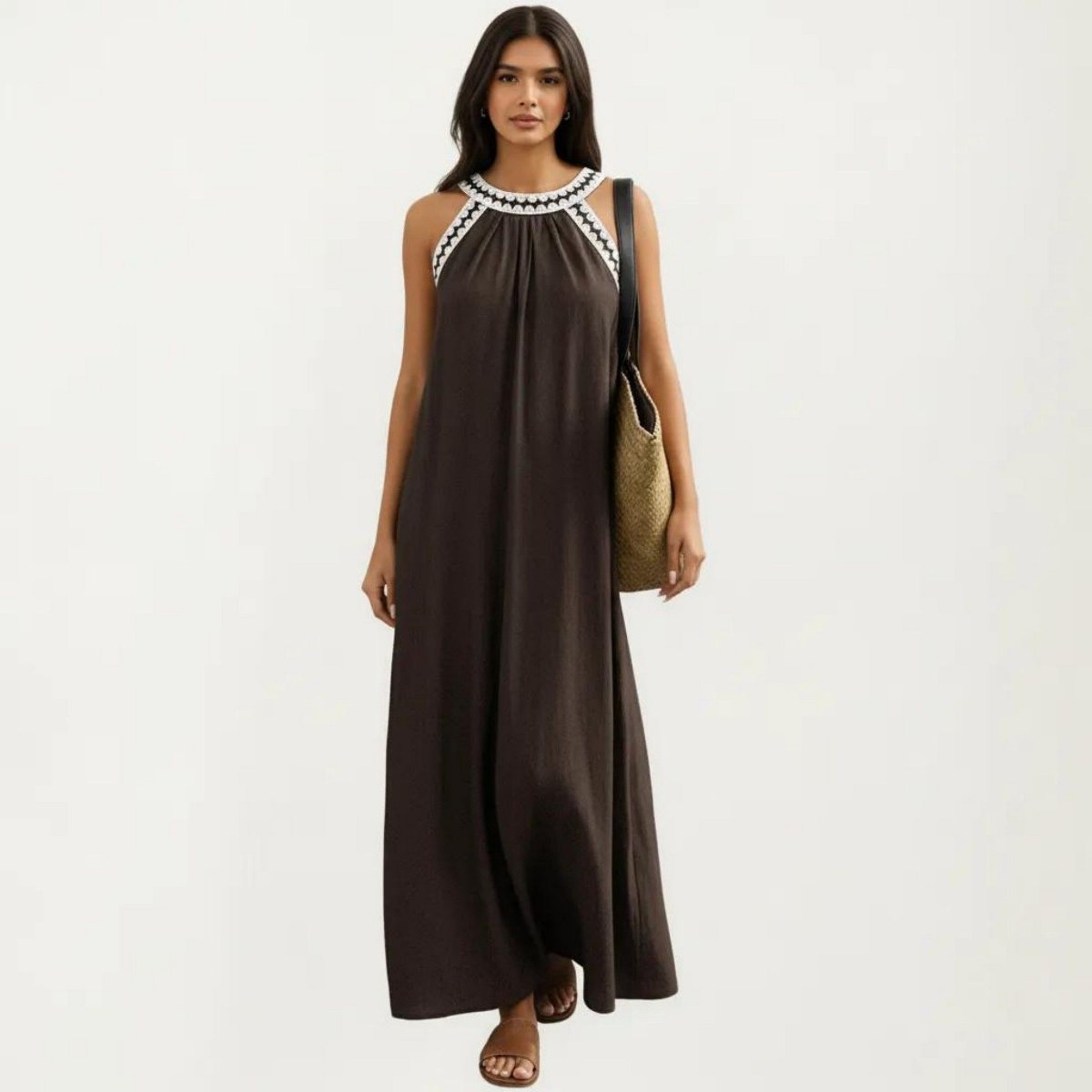 Женские платья Anna-Kaci Women's Sleeveless Halter Neck Maxi Dress with Contrast Trim Detail and Relaxed Flowy A-Line Silhouette Design - X Large, Brown — фото 3