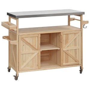 Gulches Natural Farmhouse Solid Wood Outdoor Kitchen Island - Rolling Grill Table with 201 Stainless Steel Top, Spice Rack - 1 of 4