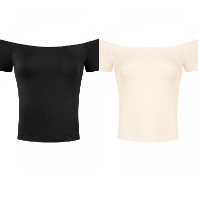 Allegra K Women's Short Sleeves Off The Shoulder Stretchy Fabric Solid Crop Top 2 Packs