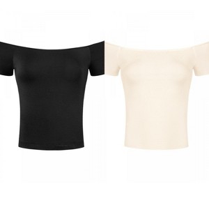 Allegra K Women's Short Sleeves Off The Shoulder Stretchy Fabric Solid Crop Top 2 Packs - 1 of 4