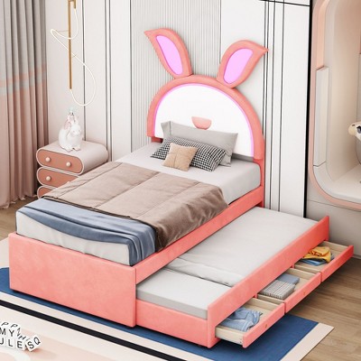 CAVINAS Twin Bed Frames for Kids, Bed Frame with Rabbit-Shaped Headboard, Upholstered Platform, Trundle and 3 Drawers, Embedded LED Lights, Pink