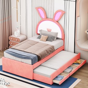 Okak Platform Bed Frame with Upholstered Rabbit-Shaped Headboard for Kids Noise-Free Bed with LED Lights Easy Assembly - 1 of 4