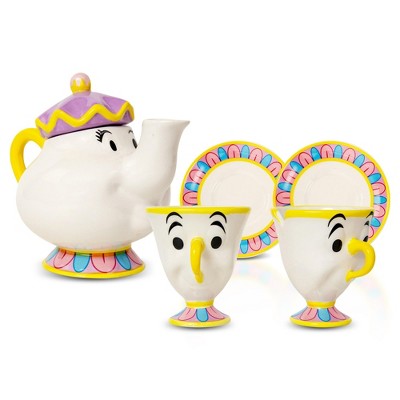 Ukonic Disney Beauty and the Beast Mrs. Potts Teapot Set With 2 Chip Cups and Saucers