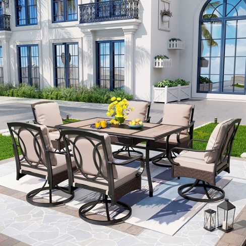 7pc Outdoor Dining Set with Swivel Chairs with Seat Back Cushions Faux Wood Table with Metal Frame Umbrella Hole Captiva Designs