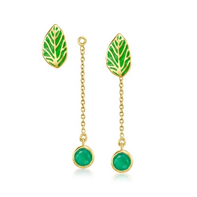 Ross-Simons Green Enamel Leaf Earrings With Removable .90 ct. t.w. Emerald Drops in 18kt Gold Over Sterling