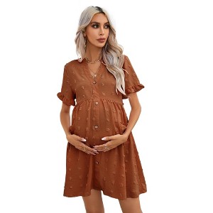 Clearlove Summer Dress Casual Lantern Sleeve V Neck Button Dress Swing Flowy Maternity Dresses - 1 of 4