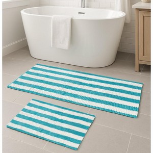Extra Large 2 Piece Set Light Blue White Stripe Soft Cozy Plush Chenille Bath Mat Bathroom Rug - 1 of 2