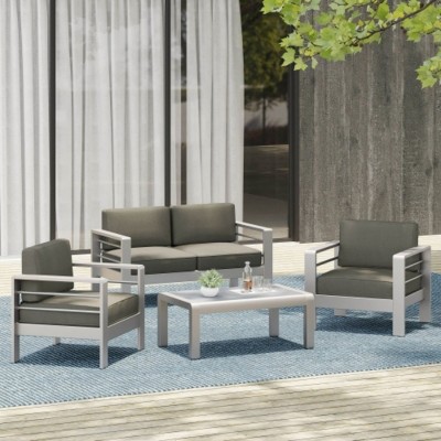 4-Piece Outdoor Aluminum Conversation Set with Glass Top Table,Loveseat & 2 Armchairs, Patio Furniture for Balcony,Deck,or Garden–Maison Boucle