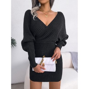 Women's V-Neck Batwing Sweater Dress Wrap Bodycon Knit Dress Long Sleeve Mini Dress - 1 of 4