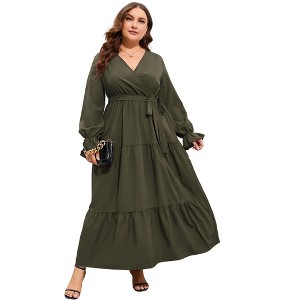 Plus Size Women's V-Neck High Waist Maxi Dress with Tiered Ruffle Hem and Long Sleeves - 1 of 4