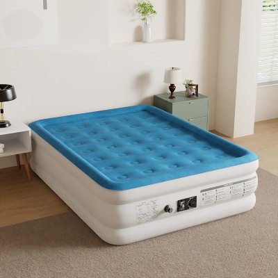 Queen Raised White and Blue PVC Air Mattress with Built-In Pump