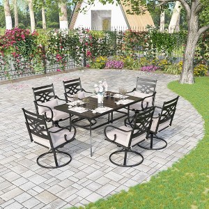 Captiva Designs 7pc Patio Dining Black Rectangular Table with Umbrella Hole & Metal Chairs with Seat Cushions and Waist Pillows - 1 of 4