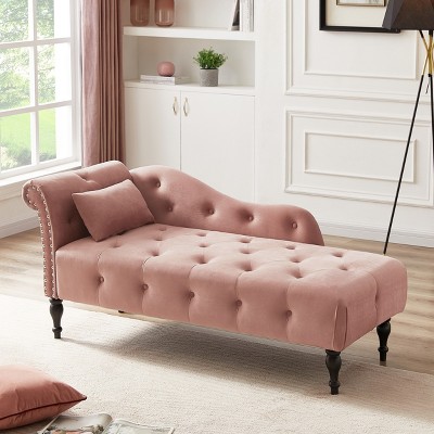 Beautyolove 60.6" Velvet Chaise Lounge Buttons Tufted Nailhead Trimmed Solid Wood Legs with 1 Pillow,Rose
