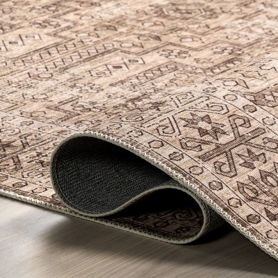 Beige and Brown Floral Synthetic Washable 4' x 6' Area Rug