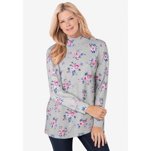 Woman Within Plus Size Perfect Printed Long-Sleeve Mockneck Tee - 1 of 4