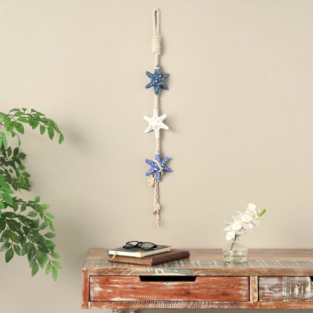 Photos - Wallpaper Olivia & May 34"x5" Resin Starfish Handmade Layered Wall Decor with White Hanging Rope and Seashell Accents Cream