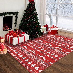 Christmas Rugs for Living Room Xmas Tree Deer Area Rug Stain Resistant Non-Slip Rug - 1 of 4