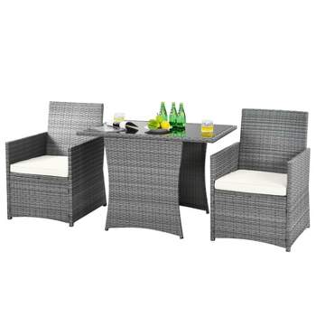 Tangkula 3PCS Patio Rattan Furniture Set Outdoor Wicker Table & Chair Set w/Cushions White/Red/Gray/Turquoise/Navy