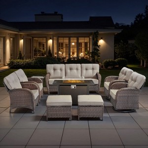 Belord Brown Wicker 9 Piece Patio Furniture Set with 5" Thick Cushions, Outdoor Fire Pit Table Set with Swivel Gliding Rocker Chairs and Club Chairs - 1 of 4