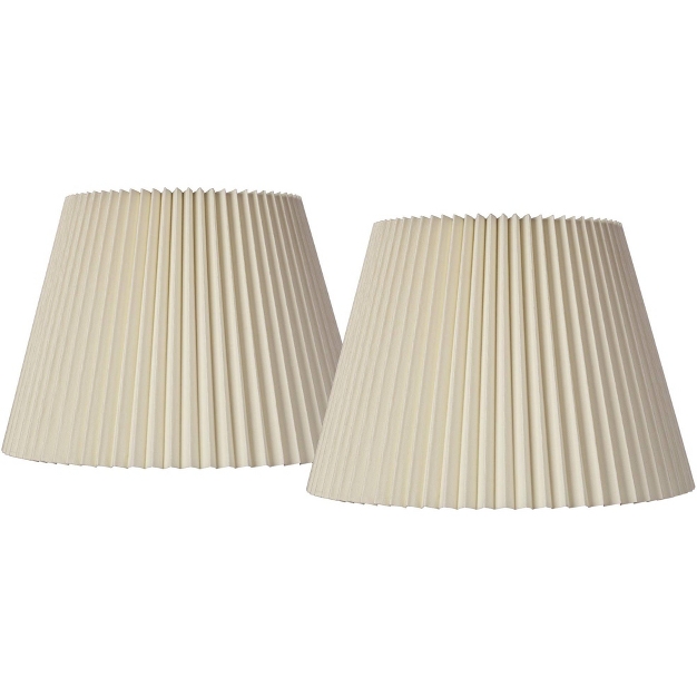 Springcrest Set of 2 Drum Lamp Shades Ivory Knife Pleat Medium 8" Top x 14.5" Bottom x 10" High Spider with Harp and Finial Fitting