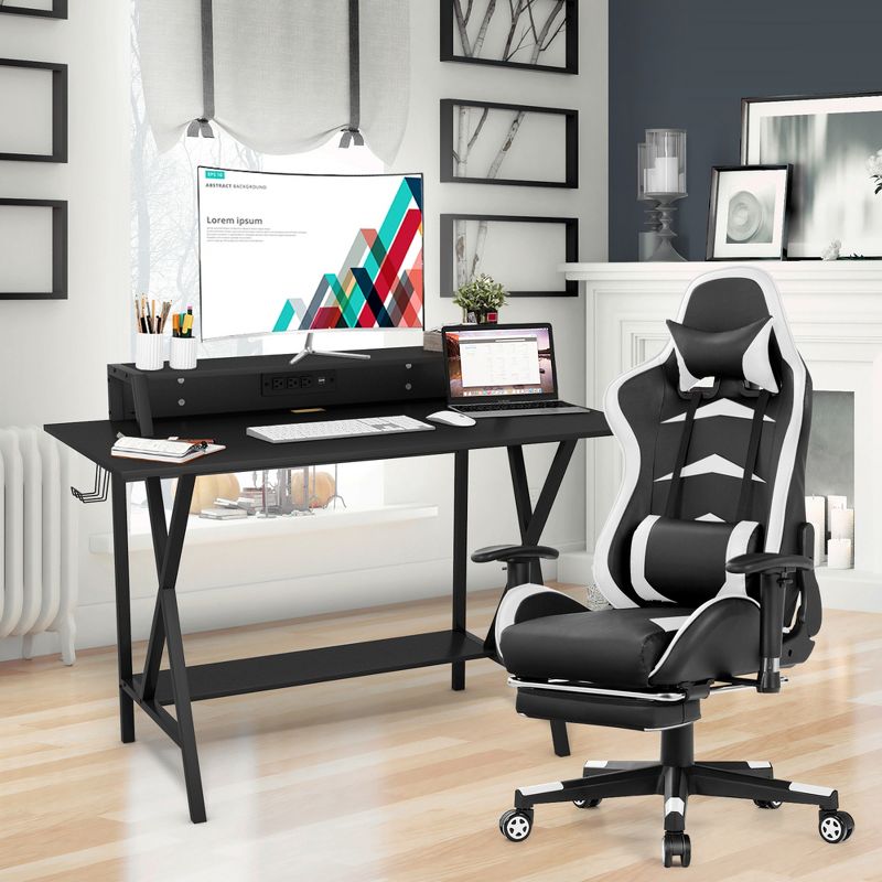 Costway Gaming Desk&Massage Gaming Chair Set w/ Footrest Monitor Shelf Power Strip White, 3 of 11