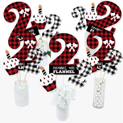 Big Dot of Happiness 2nd Birthday Lumberjack - Channel The Flannel - Buffalo Plaid Second Birthday Party Centerpiece Sticks - Table Toppers Set of 15