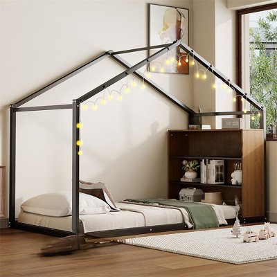 House Bed, Full Size Toddler Floor Bed With Warm LED Lights, Side Shelves, Metal Slats, House Floor Bed For Kids, No Box Spring Needed