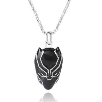 Marvel Black Panther Mens Black Enamel and Stainless Steel Pendant Necklace, 24" Box Chain