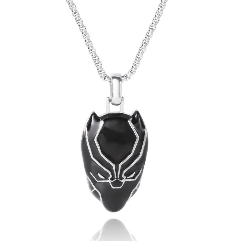 Marvel Black Panther Mens Black Enamel and Stainless Steel Pendant Necklace, 24" Box Chain, 1 of 6