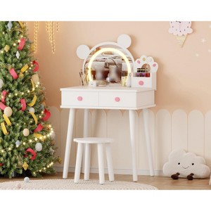 Kids Vanity Table with Lighted Mirror & Stool, Bear-Shaped Vanity Table Set with 2 Drawers, Little Girl Dressing Table, Pretend Play Vanity Set - 1 of 4