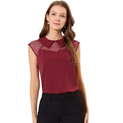 Allegra K Women's Mesh Semi Sheer Work Office Peter Pan Collar Shirt Dark  Red X-Small