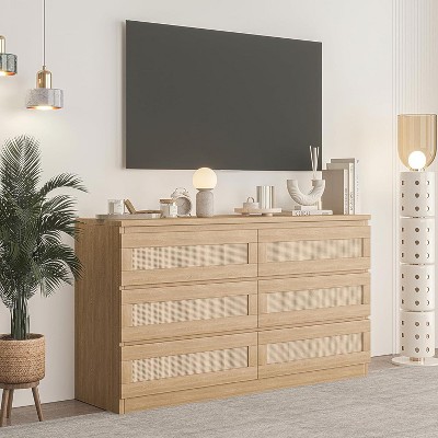 Jojoka Rattan Dresser for Bedroom, Modern 6 Drawer Double Dresser with Anti-Tip Kit