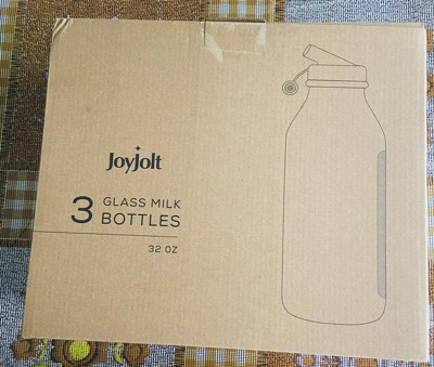 JoyJolt Reusable Glass Milk Bottle with Lid & Pourer - Set of 3 - 64 oz