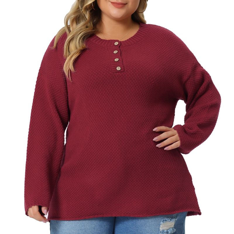 Agnes Orinda Women's Plus Size Oversized Round Neck Long Sleeve Button Knit Pullover Sweater, 2 of 6