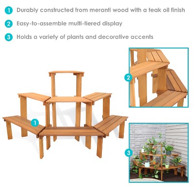 Sunnydaze 3-Tier Meranti Wood Outdoor Plant Stand with Teak Oil Finish