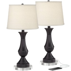 Regency Hill Blakely Modern Table Lamps Set of 2 with Round Risers 26" High Bronze USB Charging Ports Touch On Off Oatmeal Shade for Bedroom Desk Home - 1 of 4