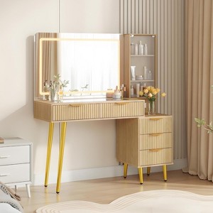 48" Fluted Makeup Vanity Desk with 3-Mode Lights Mirror, Makeup Vanity Glass Top & Power Outlet - Modern Dressing Table for Bedroom - 1 of 3