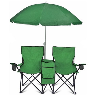 Costway Portable Folding Picnic Double Chair W/Umbrella Table