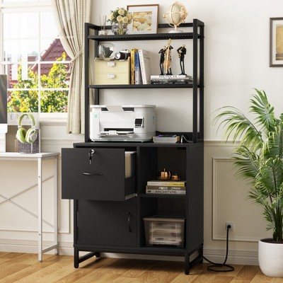 Aheaplus Filing Cabinet with Lock & Charging Station,Wooden Filing Cabinet with Large Drawers and Bookshelves